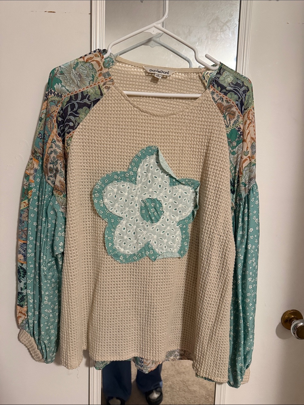 DAVI & DANI Cream Waffle Top with Teal Floral Patchwork Sleeves